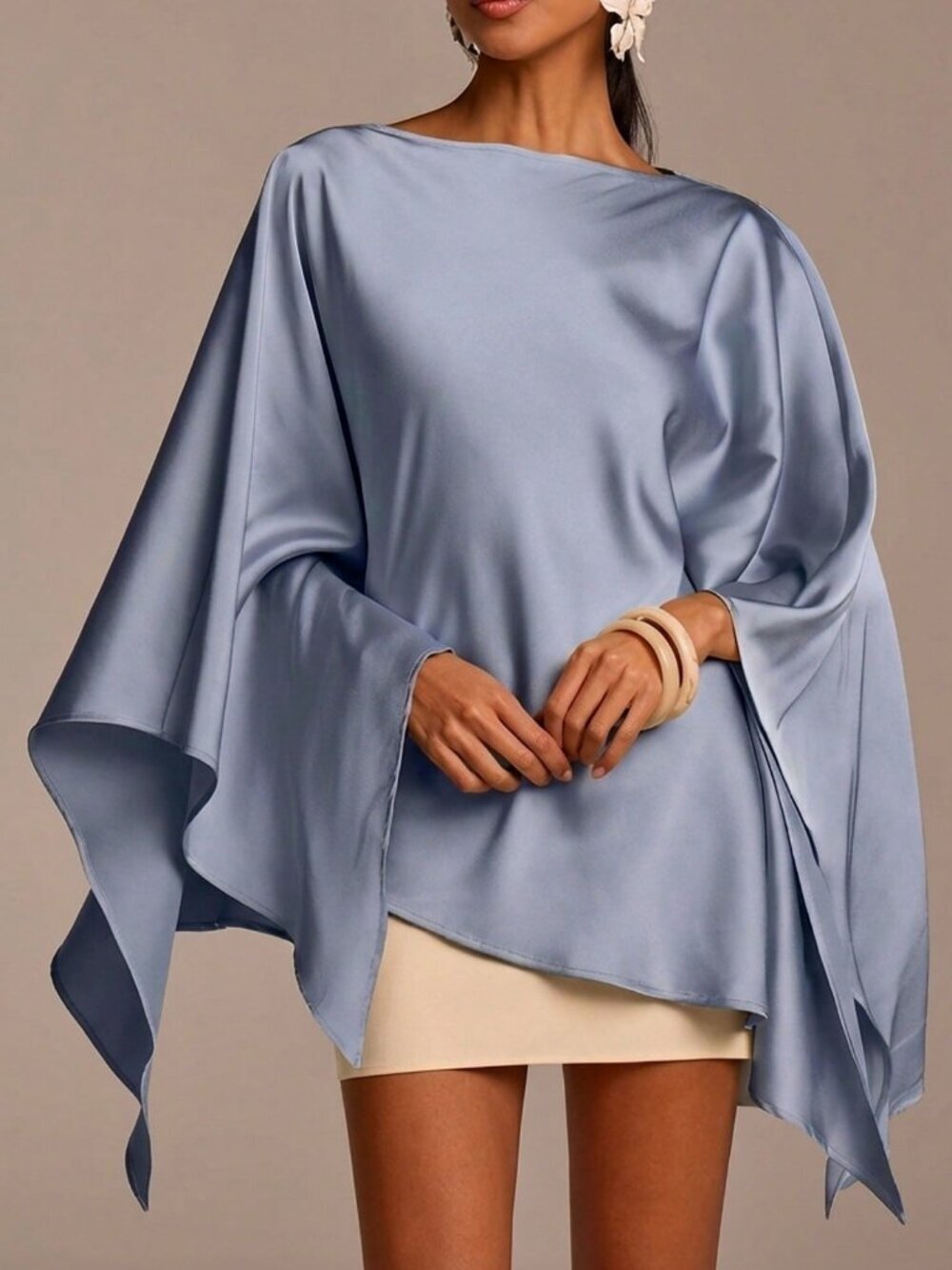 Baby Blue Casual Women's Asymmetric Hem Satin Blouse